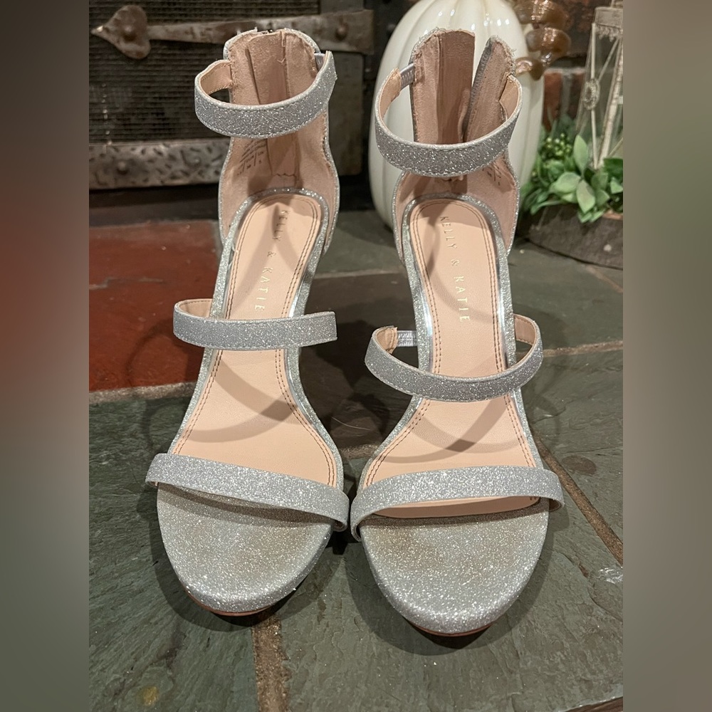 Kelly&Katie Silver Glitter Stiletto Strappy Heels